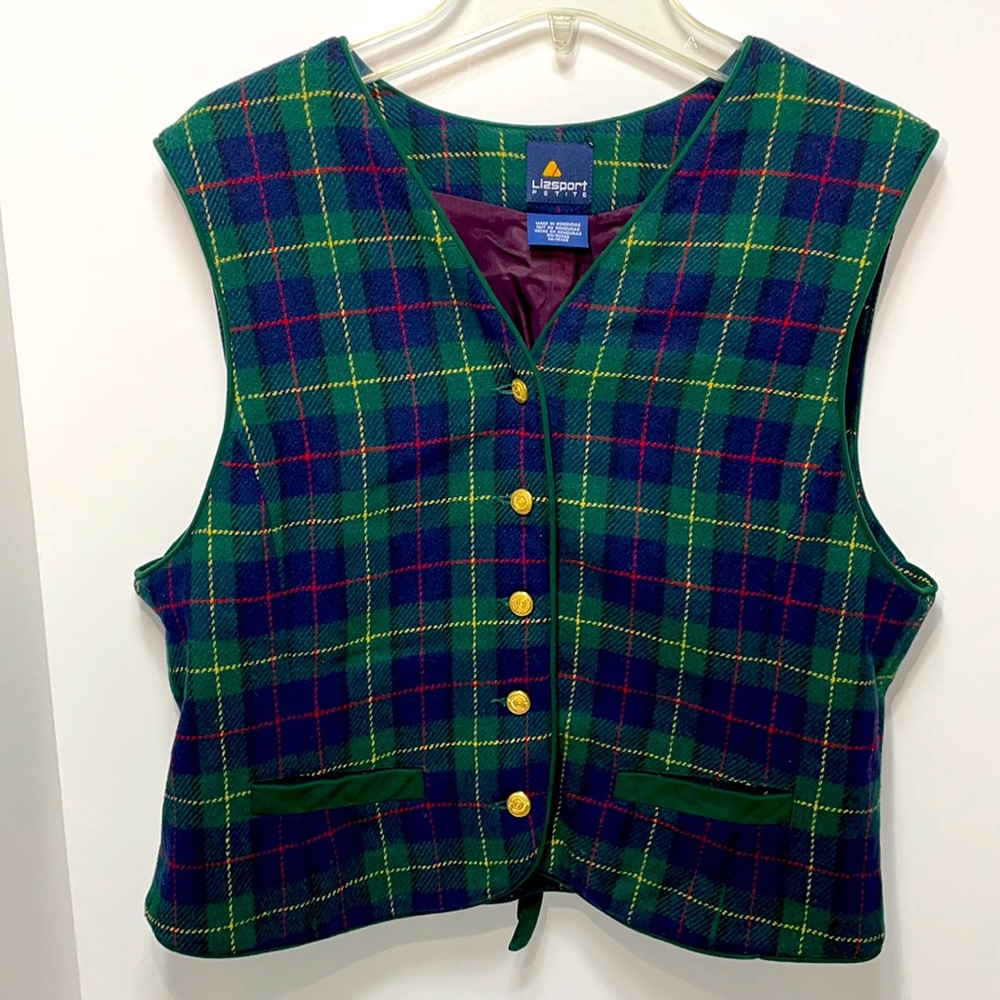 Vintage Lizsport Wool Blend Plaid Vest! size Petite 12